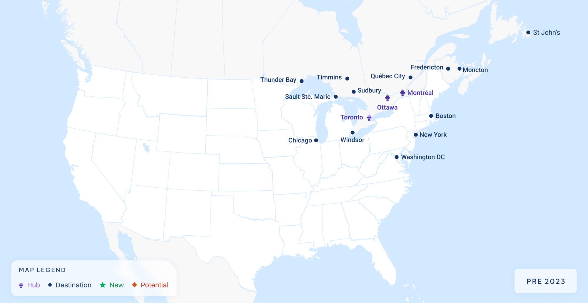Pre 2023, Porter Airlines' destinations were around the Great Lakes and East Coast. E.g. Toronto, Ottawa, Sault Ste. Marie, Chicago, New York, Moncton, etc.