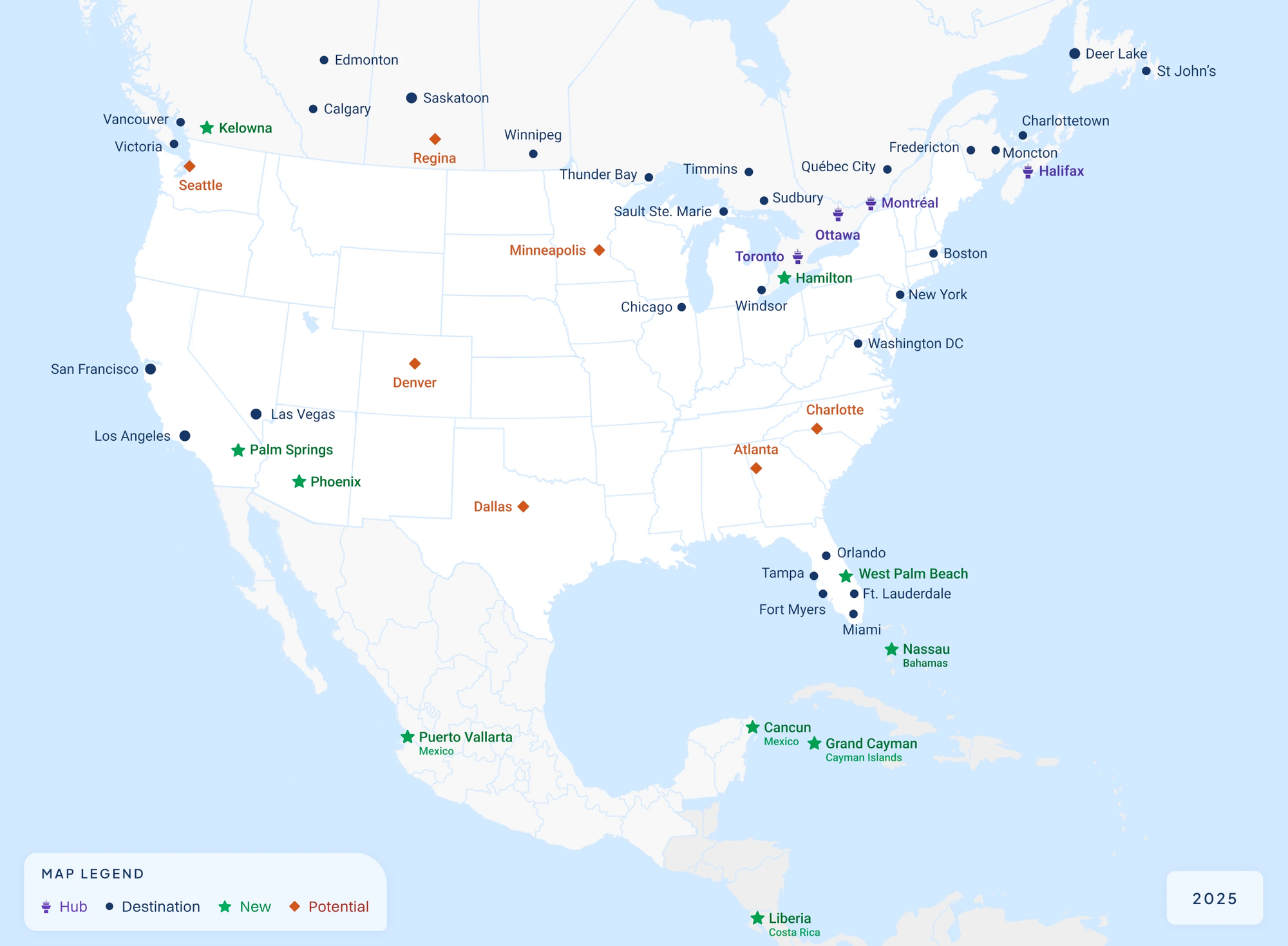 In 2025, Porter Airlines' destinations are all over North America. E.g. Toronto, Winnipeg, Tampa, Las Vegas, Palm Springs, Edmonton, Victoria, Cancun, Puerto Vallarta, etc.